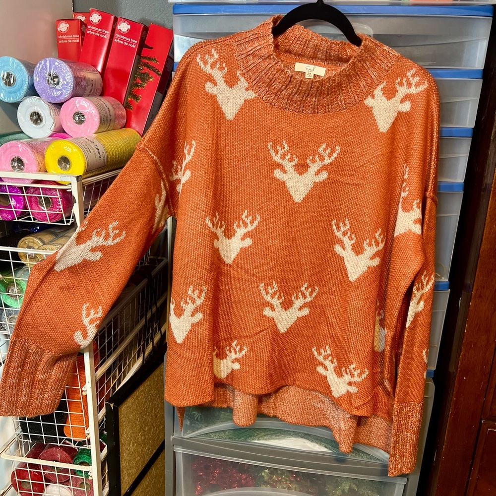 Easel Orange and White Cowl Neck Sweater with Deer Pattern